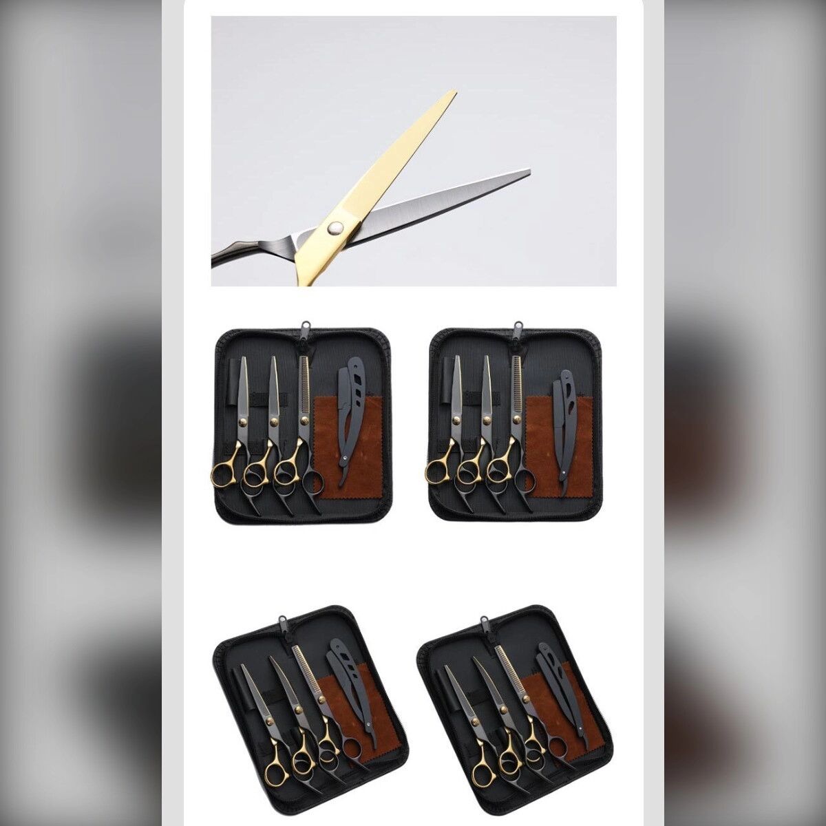 INF 6-Zoll Gebogene Profi-Friseurscheren-Set - Edelstahl Präzisions-Schmale Klingen mit Ausdünnung und Rasiermesser, Schwarzes Gold