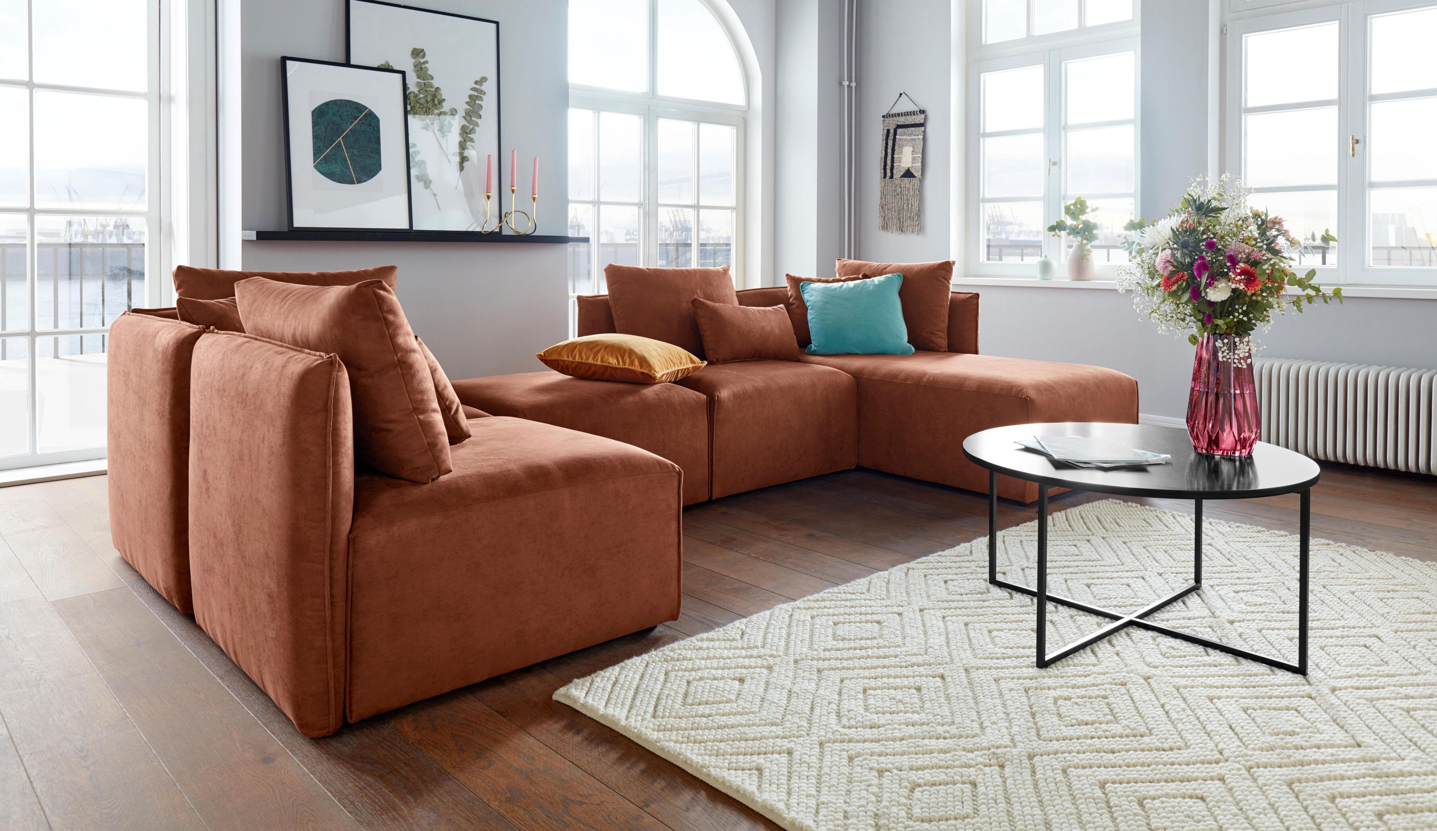 Wohnlandschaft GOODPRODUCT "Nöre U-Form", braun (cognac), B:340cm H:86cm T:172cm, Struktur fein (100% Polyester);Struktur (100% Polypropylene);Webstoff (100% Polyester);Samtoptik (100% Polyester);Luxus-Microfaser Lederoptik (100% Polyester);Baumwoll-/Lein