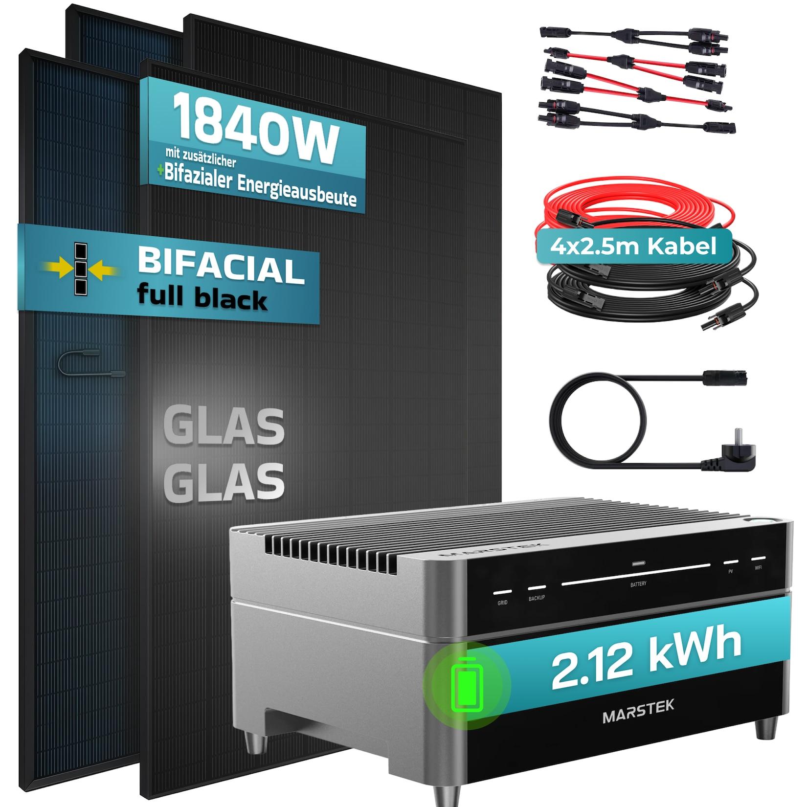 SUNNIVA® 1840W Balkonkraftwerk mit 2,12 kWh Speicher Marstek Venus A & 800W Wechselrichter, BIFAZIAL FULLBLACK komplett Steckdose, PV Solaranlage Komplettset Solarspeicher, 4x460W N-Type Glas
