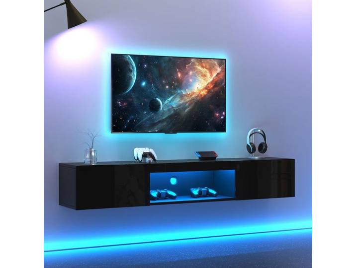 Meuble TV Noir et Bois avec LED Meuble TV Suspendu avec 2 Cabinets et 1 Compartiment Banc TV pour Salon 160x31x22cm