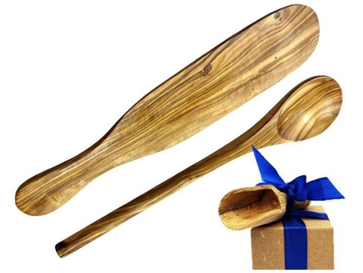 Kochlöffel OLIVENHOLZ-ERLEBEN Crêpes-Wender und Kochlöffel rund aus Olivenholz , braun, L: 30cm, Massivholz, Kochlöffel, Kochlöffel, Crêpes-Spatel und Kochlöffel aus Olivenholz sind schonend zu Pfannen