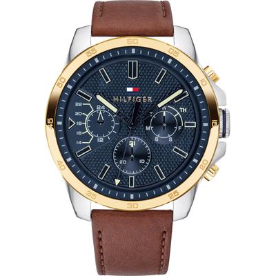 Multifunktionsuhr TOMMY HILFIGER "DECKER", braun (cognacfarben, dunkelblau), Armbanduhren, Herren, goldfarben-silberfarben, Quarzuhr, Armbanduhr, Herrenuhr, Datum, Lederarmband