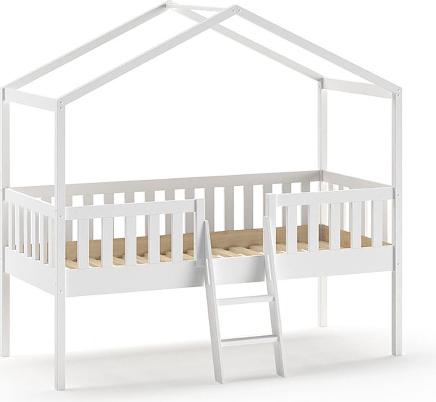 Hausbett mit Leiter Kapua 209x120x202 Kinderbett Massivholz Weiß