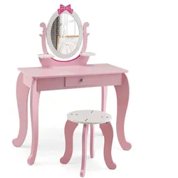 Costway Schminktisch-Set für Kinder, 2-in-1 Kinder Schreibtisch aus Holz mit Hocker
