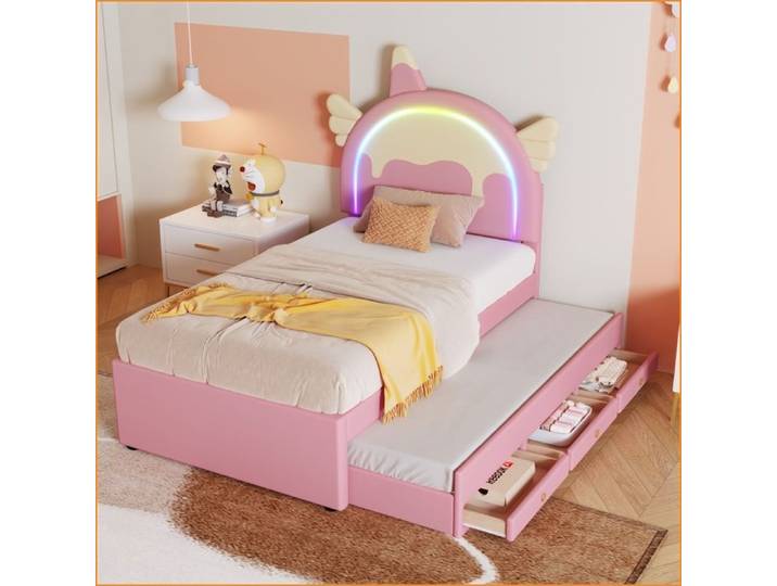 Beds Frames & Bases - Lit d'enfant licorne cartoon avec lit tiroir extensible - Rose