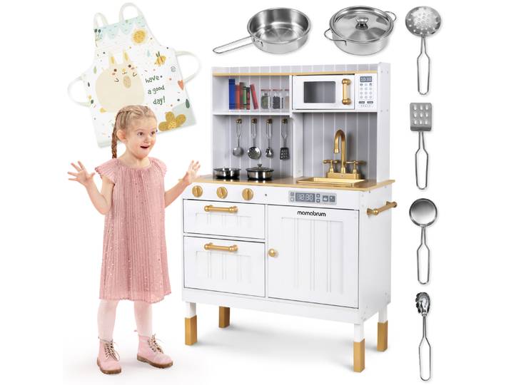 Mamabrum, grand ensemble de cuisine en bois pour enfants, avec accessoires et tablier, jouet éducatif Montessori, pour les enfants de 3 ans et plus.