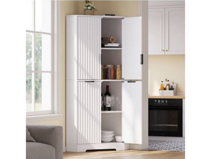 Cômoda Eckschrank 60x60x172 cm - Rangement Blanc MDF avec 4 Portes Ondulées Design Moderne