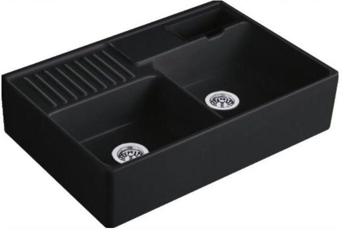Villeroy und Boch Spülstein Doppelbecken 632392S5 Ablaufgarnitur, Exzenterbetätigung, Resteschale, Ebony