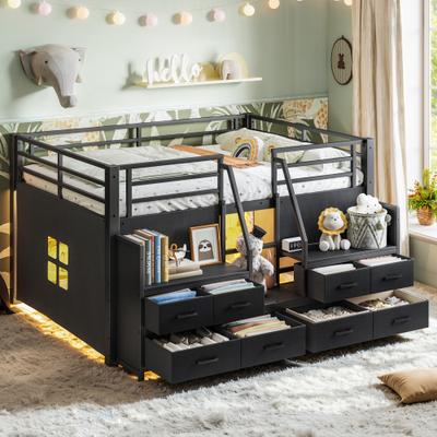 GREATPLANINC Playhouse Bed Metal Loft Bed with Storage Stairs Fabric Drawers Shelves Lights