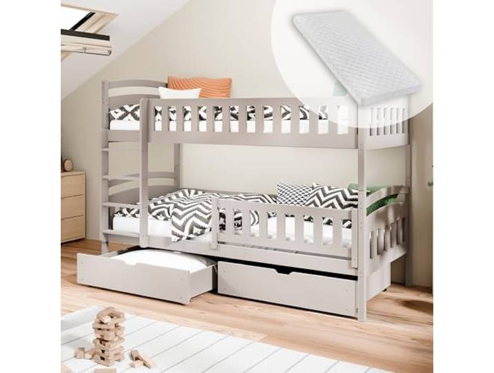 Kids Collective Hochbett Etagenbett 90x200 cm Kaschmir mit Matratze mit zwei Schubladen, Lattenrost, Rausfallschutz, umbaubar in zwei Einzelbetten, aus Vollholz massiv, Funktionsbett