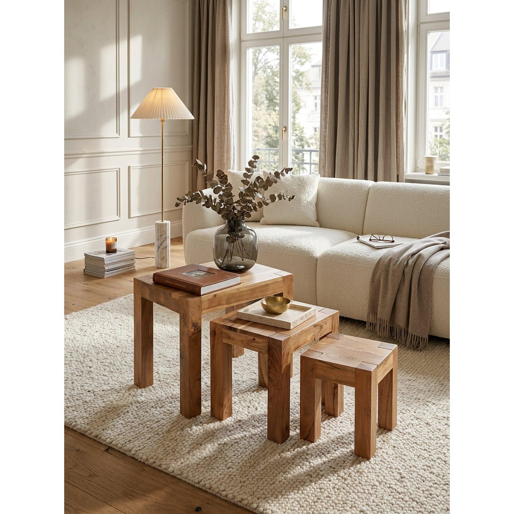 Beistelltisch 3er Set Massivholz Landhausstil MUMBAI, Akazie 36x50x45 cm