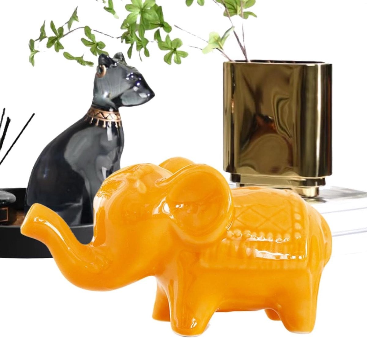 Handgeschilderd Keramiek Olifant Beeldje - Oranje - Decoratie voor op Tafel