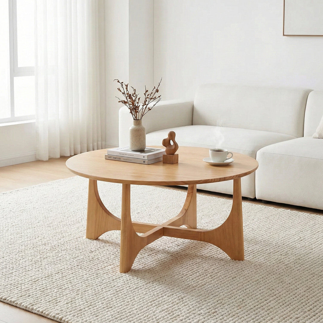 17 Stories Lumi Oak Effect Wooden Round Coffee Table Oak 38cm H X 80cm W X 80cm D