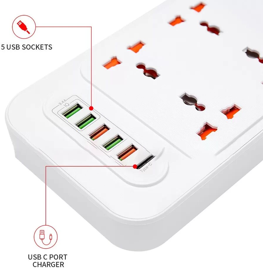 INF EU-Steckdosenleiste mit Typ-C & 5 USB-Anschlüssen – Intelligentes Laden & Unabhängige Schalter Weiß