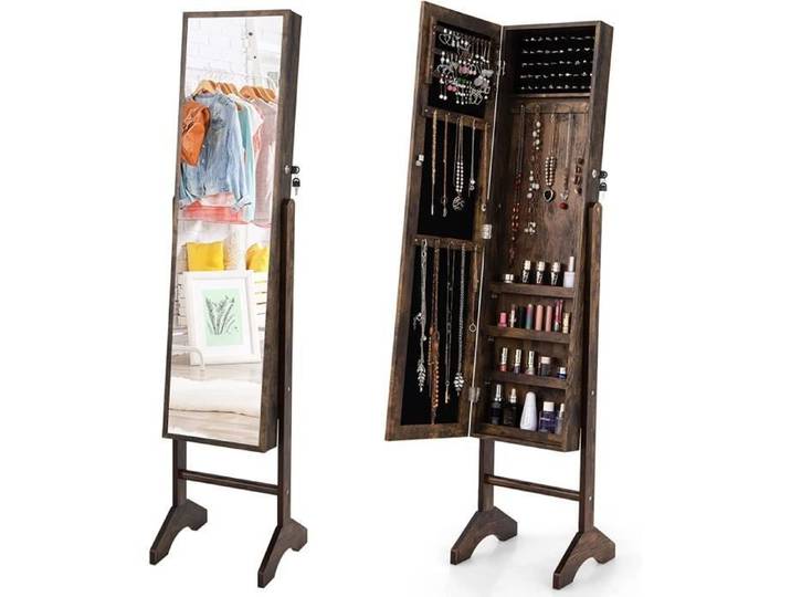 RELAX4LIFE Armoire à Bijoux sur Pied 4 Angles Réglables & Porte Verrouillable & 4 Étagères Organisateur de Bijoux Vintage Marron