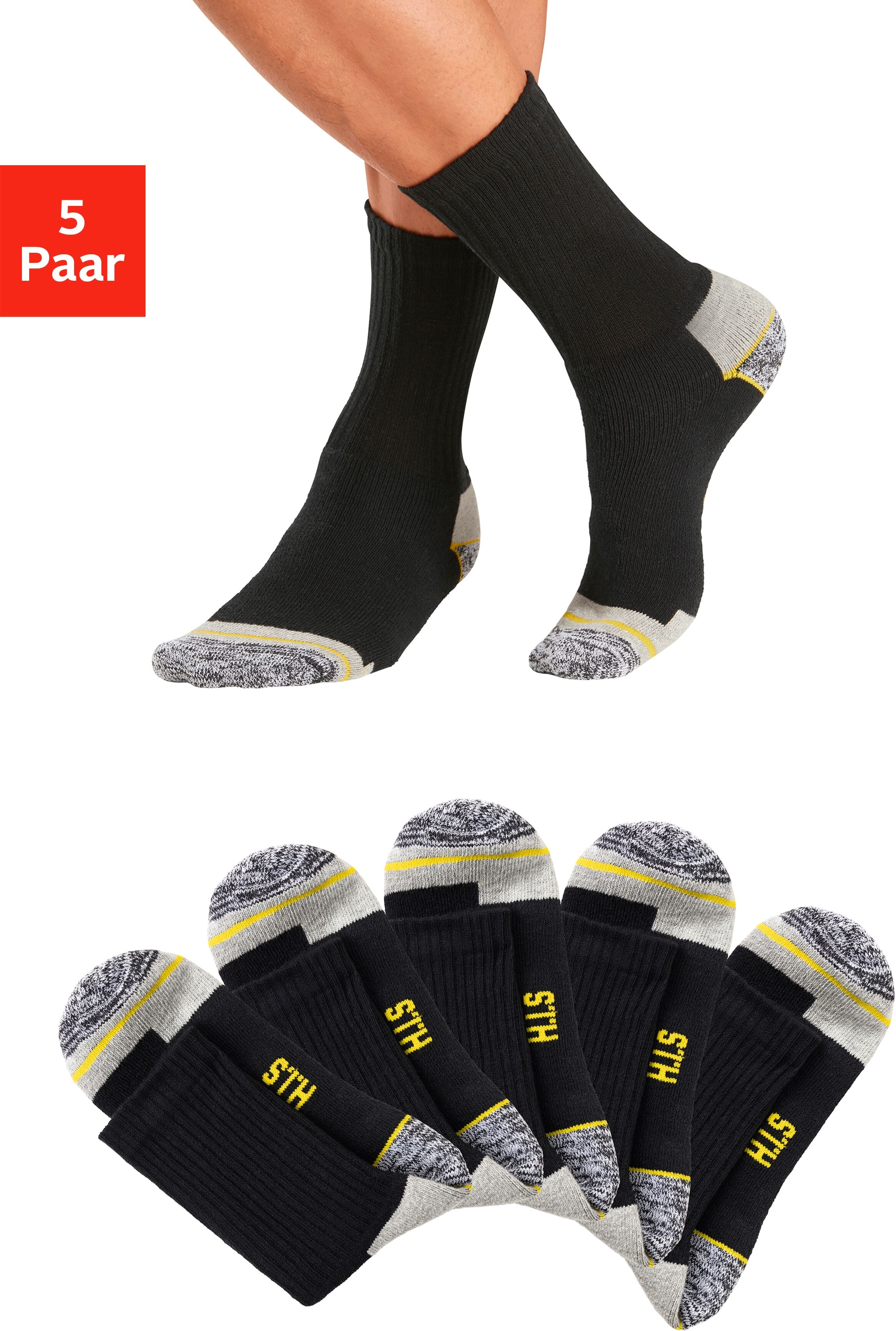 Arbeitssocken H.I.S "Herren für Arbeit und Sport; sportiv gemustert", Gr. 39-42, 5x schwarz, Baumwollmischung, unifarben mit Farbeinsatz, elastisch, Socken Arbeitssocken, mit Vollfrottee für komfortablen Sitz 5x schwarz 39-42