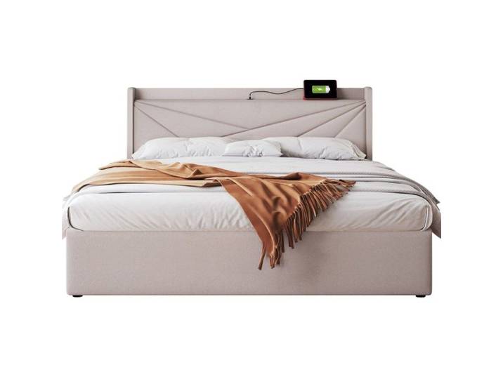 Lit coffre double 180x200 EVRYAE avec USB et Type-C sommier à lattes tête de lit rembourrée beige