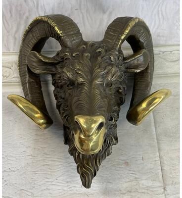 Bronzhaus Signed Original Mascot Ram Head Bronze Sculpture Marble Base Statue Figurine Art