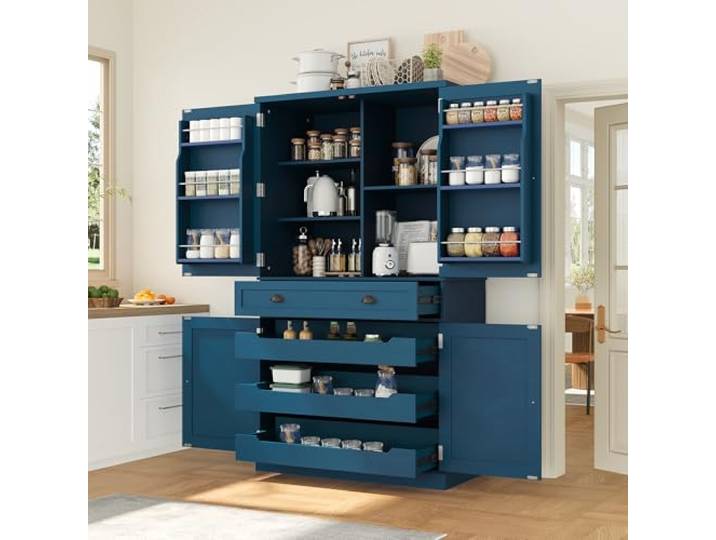 twwhyg Freistehender Bauernhaus-Küchen-/Pantry-Aufbewahrungsschrank mit Schubladen(Blue-4.14)
