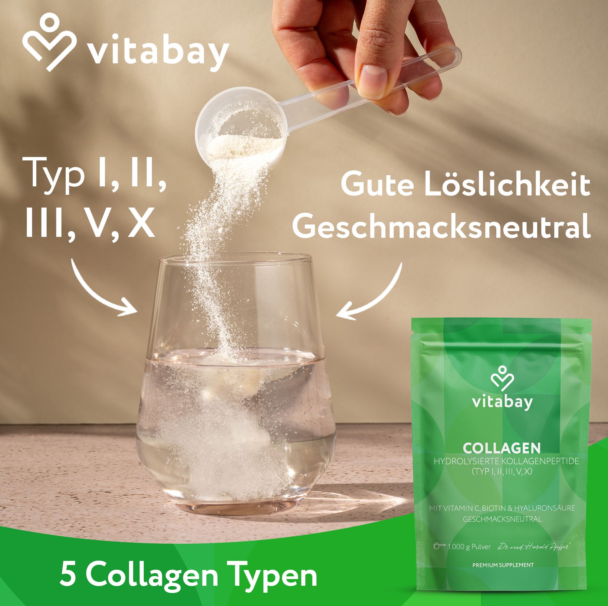 Collagen Peptid Typ 1-3+5+10+Vit.C+Biotin Pulver 1000 g
