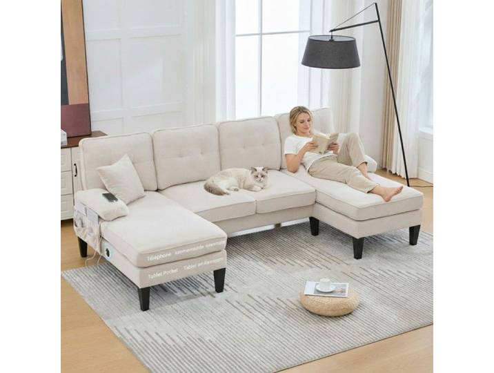 Canapé panoramique en U - LANGTU - Canapé Panoramique 4 places - Lin beige - Double méridienne - 250x130x88 cm