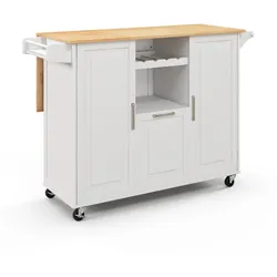 Helloshop26 - Rollbarer Küchenwagen 130 x 74 x 90 cm mit viel Stauraum und klappbarer Arbeitsplatte aus weißem Gummibaumholz 20_0018047