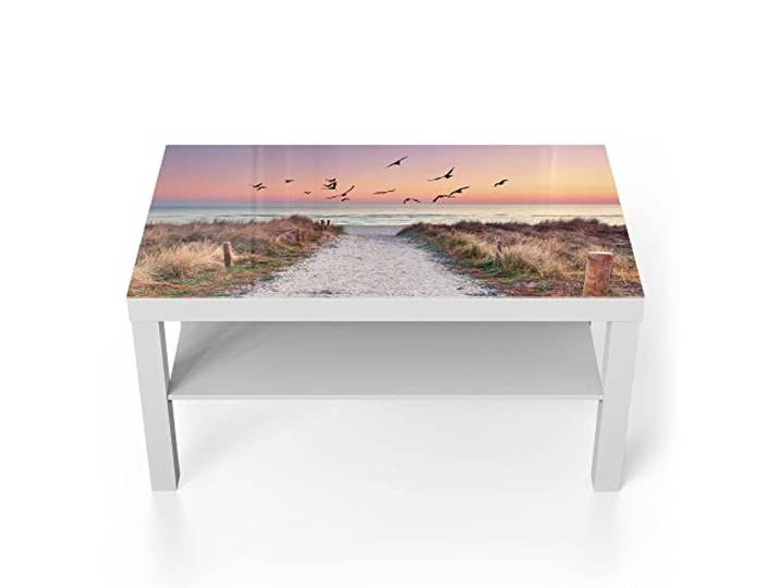 DEQORI Glastisch weiß groß 90x50 cm Motiv Strandaufgang zur Ostsee ausgefallener Beistelltisch aus Glas Hochglanz Couchtisch fürs Wohnzimmer moderner Couch Tisch mit Design