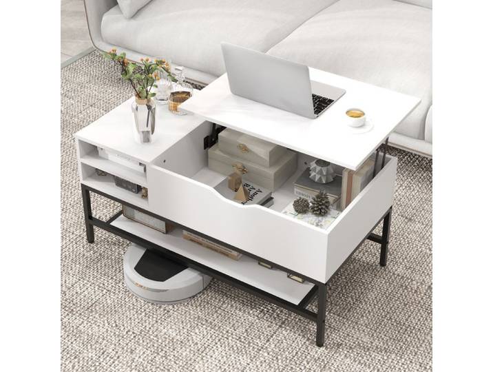 COSTWAY Table Basse avec Plateau Relevable Compartiment Caché et Etagère de Rangement Amovible pour Chambre Salon Bureau Blanc