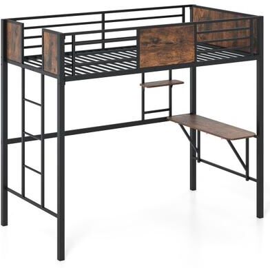 Costway Space-Saving Twin Loft Bed with Safety Guardrail and Ladder-Coffee