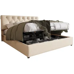 Polsterbett 140x200 cm mit verstellbarem Kopfteil und Stauraum – modernes Natur-Design, hydraulischer Bettkasten