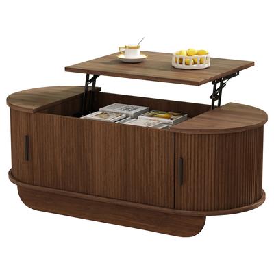 Merax Höhenverstellbarer Couchtisch 100 x 50 cm, ovaler Wohnzimmertisch mit Hydraulik-Lift, Rollläden und Stauraum, Walnussholzoptik