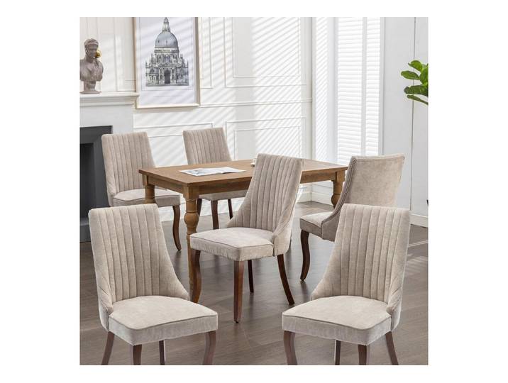LuxusKollektion Esszimmerstuhl Esszimmerstühle 6er Set Massivholzbeine Chenillestoff 6er set Beige A