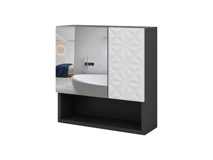 Vicco Badspiegelschrank Edge Schwarz 54 x 55 cm mit Tür und offenen Fächern, Holzwerkstoff, 3 Fächer, Rechteckig, 54x55x17 cm, Badezimmer, Badezimmerspiegel, Spiegelschränke