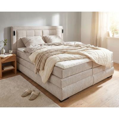 Boxspringbett OTTO HOME "MIVVA mit Bettkasten, mit Taschenfederkernmatratze H3, H3/H4 mix, H4", beige, B:204cm L:215cm, Komplettbetten, Boxspringbett, mit Kaltschaum- oder Visco-Topper (bei H4), Komfortliegehöhe 67cm