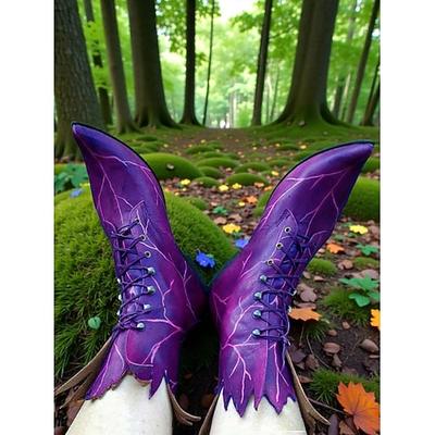 Damen Elf-Blätter-Stiefel Fantasiegrüne spitz zulaufende Schnürschuhe mit Blättern ideal für Karneval Mardi Gras Kostüme Feen-Cosplay Wald-Themenpartys