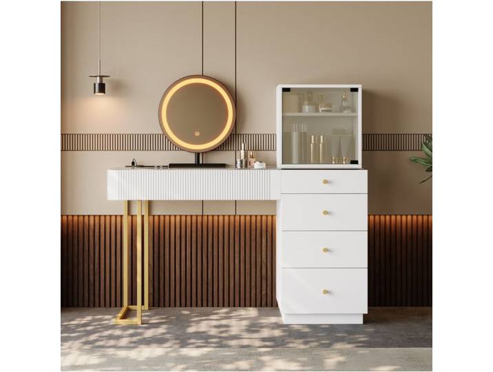 VUENOR Coiffeuse 120 x 40 x 120 cm blanche avec miroir LED et rangement