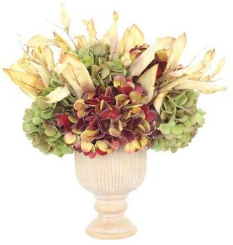 Creative Labs Fall Hydrangeas and Leaves Arranged in Stone Pedestal Pot