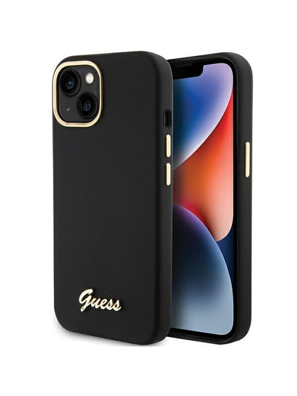 GUESS Silicone Script Metal Logo & Frame case for iPhone 15 - black