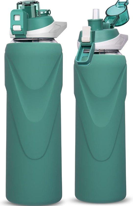 Unyqoos Drinkfles van 1 liter met rietje, borosilicaatglas, donkergroen