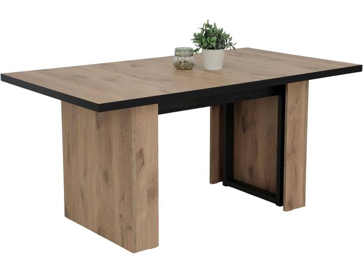 Kulissen-Esstisch HELA ANNI , braun (viking oak, schwarz, viking oak, schwarz, viking oak, schwarz), B:160cm H:76cm T:90cm, Tische, Esstisch, 4-Stufiger Auszug, bis zu 320cm Breite