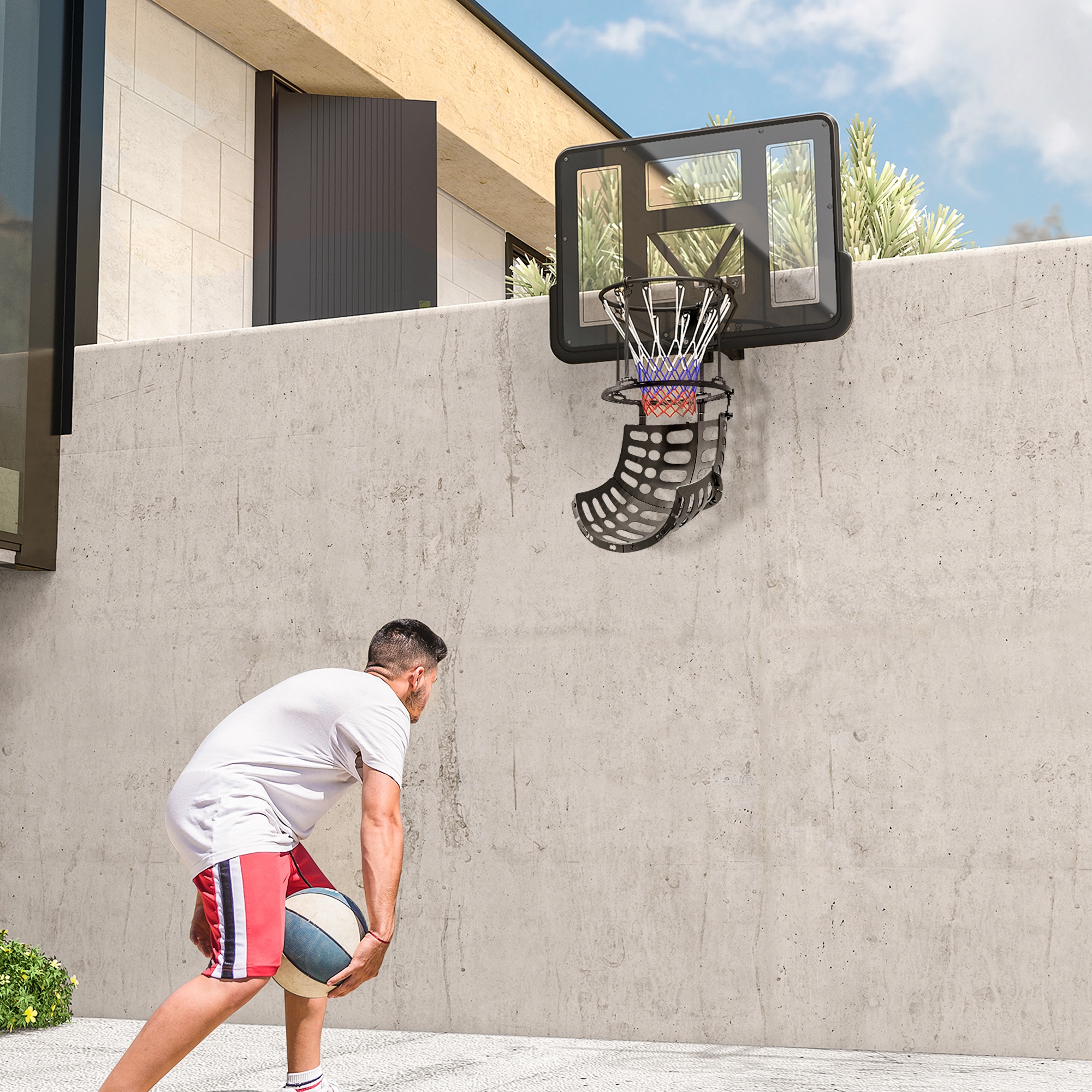 Sportnow Ritorno della palla da basket sistema di rimbalzo della palla da basket rotazione a 360° 35,6 x 35,6 x 75,5 cm nero