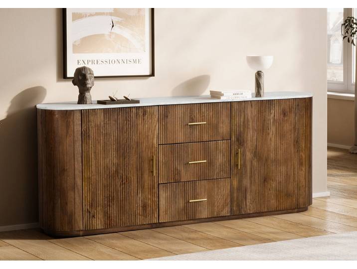 Sideboard 200x80cm 'Valencia'' Mango braun lackiert & Marmor weiss 2 Türen