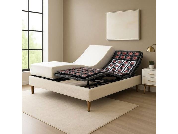 Ensemble lit électrique 180x200 sable – Sommier relaxation à plots + contour bouclette + matelas