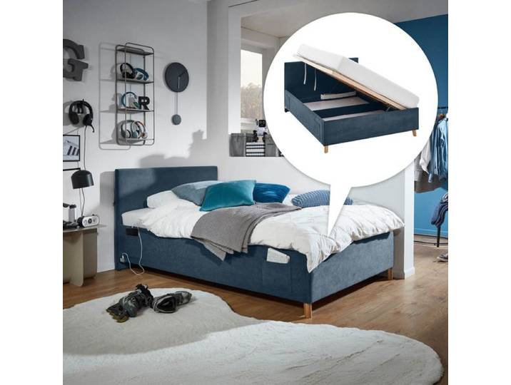 Polsterbett Pauka Komfort Cord mit Lattenrost und Bettkasten 90x200cm Blau skandinavisch,