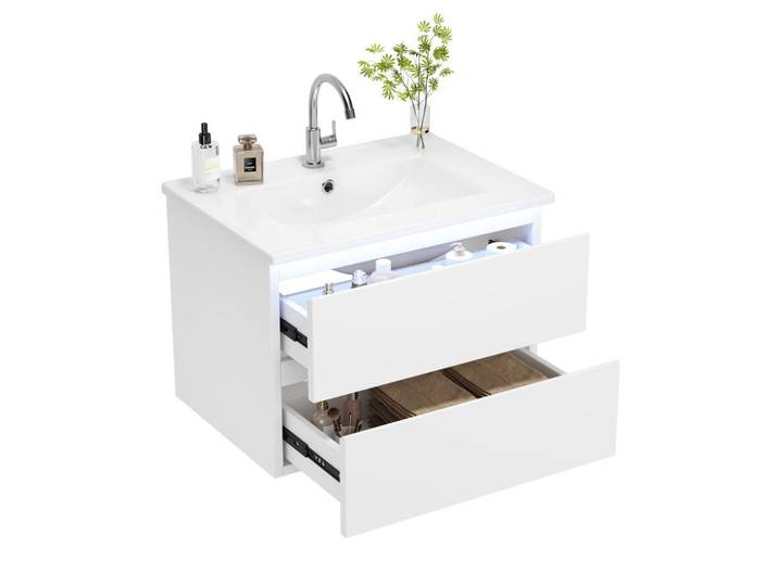 Modfu Wandhängender 61x46x45 cm Weiß aus Keramik & Spanplatte mit Radarsensor-LED & 2 Schubladen, 61x45x46 cm, Badezimmer, Waschbecken & Armaturen, Waschtische