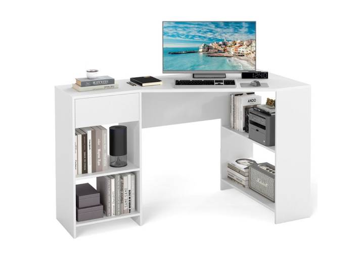 COSTWAY Bureau d'Angle en Forme de L 120 CM avec Tiroir et Étagères de Rangement pour Étude Travail à Domicile Salon Blanc