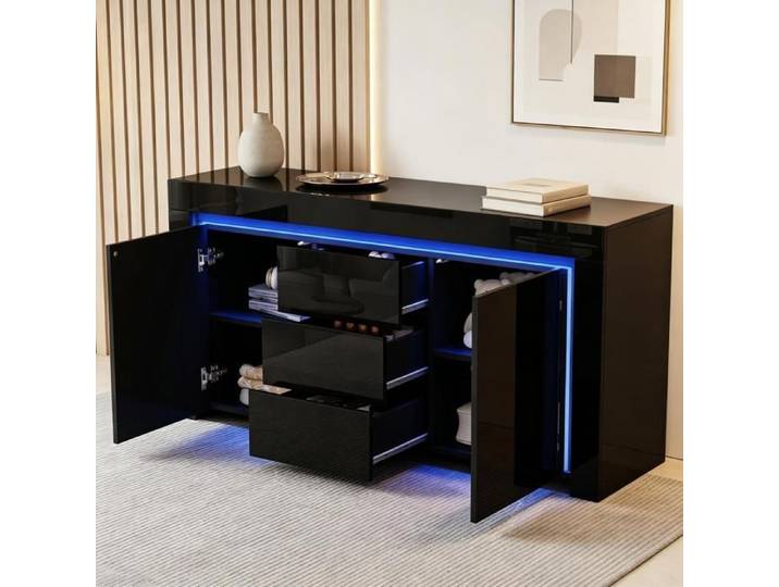 WOVREO Buffet bas LED 140 x 40 x 65 cm noir brillant 2 portes 3 tiroirs MDF