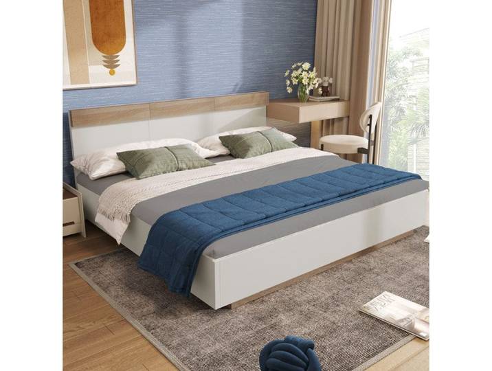 WOVREO Lit double 140x200 cm effet suspendu avec tête de lit et sommier à lattes blanc et chêne Sonoma