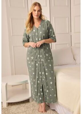Plus Size Women's Long French Terry Zip-Front Robe by Dreams & Co. in Heather Grey Stars (Size S)