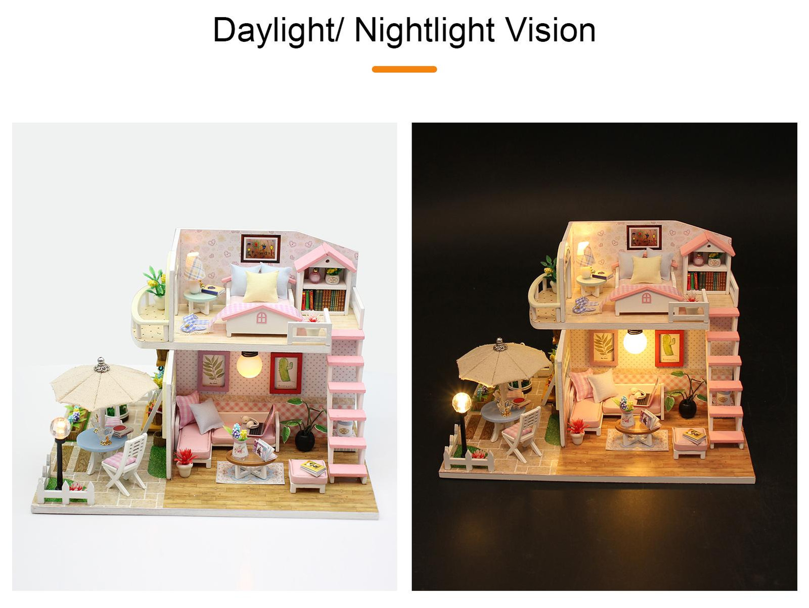 Gistuch Doe-het-zelf houten poppenhuis bouwpakket met meubels, LED-verlichting en muziek - Roze Loft